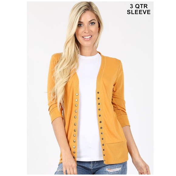 Ash Mustard 3/4 Sleeve Snap Button Cardigan - Picture 2 of 2